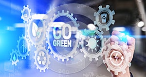 GO green eco technology ecology earth planet saving alternative energy. Button on virtual screen.
