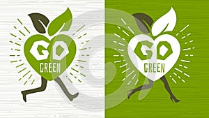 Go green ecology Happy Earth Day emblem logo design lettering fresh green leaves concept icon label sticker design.