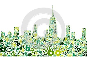 Go green hands city skyline background