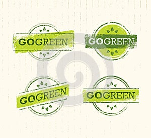 Go Green Recycle Reduce Reuse Eco Stamp Concept Set. Vector Creative Organic Illustration On Paper Background.