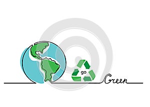 Go green vector concept. Lettering with earth and recycle sign. One, continuous line drawing go green background, banner