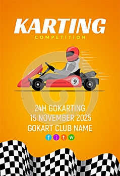 Go kart race background poster. Karting race car cartoon helmet driver sport backgorund