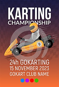 Go kart race background poster. Karting race car cartoon helmet driver sport backgorund