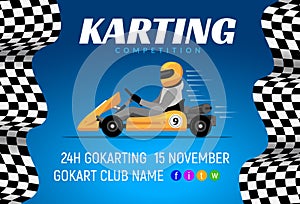 Go kart race background poster. Karting race car cartoon helmet driver sport backgorund