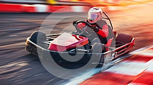 Go kart skillfully navigating obstacles on a tight track with barriers for thrilling race photo