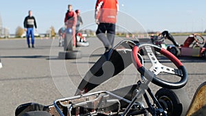 Go-karts sport competitions, preparation for the start, slow motion, speed, carting