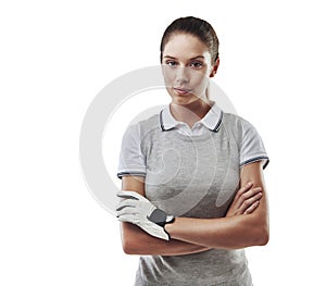 Go pro or go home. Studio shot of a young golfer isolated on white.