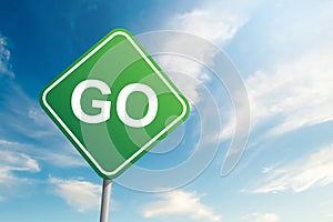 Go road sign with blue sky and cloud backgound