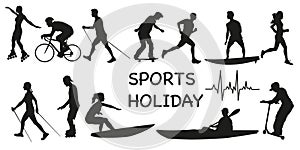 They go in for sports. Sports, healthy recreation, vector illustration. Active sports and sports exercises. Dark silhouettes