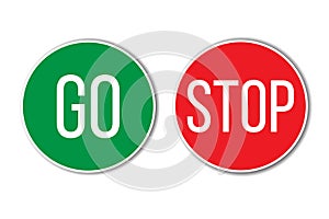 GO and STOP red green left right word text on buttons similar to traffic signs in empty white background with shadow