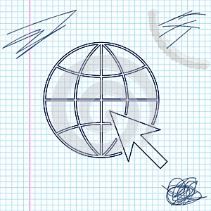Go To Web line sketch icon isolated on white background. Globe and cursor. Website pictogram. World wide web symbol