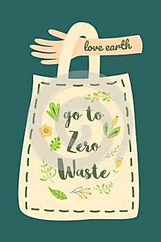 Go to zero waste text on eco bag on hand Ecological zero waste concept Cute hand drawn recycling element Vector