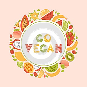 Go vegan. Banner in cartoon style. A frame of fresh tropical exotic fruits, harvesting. Fresh lemon, lime wedges