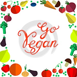 Go vegan. Fresh healthy organic vegan food vector hand drawn illustration.