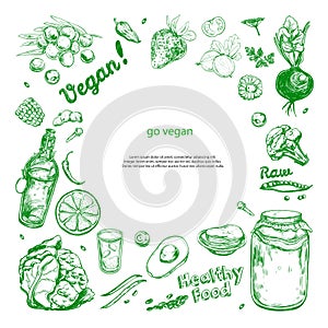 Go vegan. Healthy food. Vegetarian Big Set. Vector hand drawn isolated elements on white. Sketch