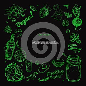 Go vegan. Healthy food. Vegetarian Big Set. Vector hand drawn isolated elements on white. Sketch
