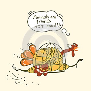 Go vegan. Thanksgiving turkey bird on color symbol illustration card