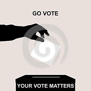 Go vote. Silhouette of voter hand putting ballot into voting box