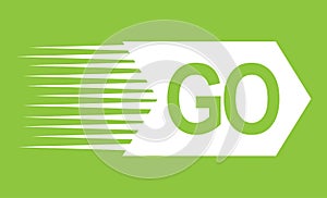 GO white word text and direction arrow resembling a rocket with jet exhaust in movement pointing right ahead on green background