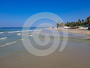 Goa beach. Tropical beach with palm trees and sea, blue water beach with palm trees, balm tree in beach, blue water and blue sky .