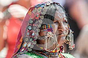 Goa, India - January 2008 - Portrait of a Lamani woman in full traditional dress at the famous Anjuna flea market