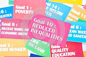 The Goal 10 : Reduced inequalities The SDGs 17 development goals environment. Environment Development concepts