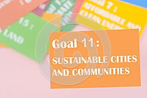 The Goal 11 : Sustainable cities and communities. The SDGs 17 development goals environment. Environment Development concepts