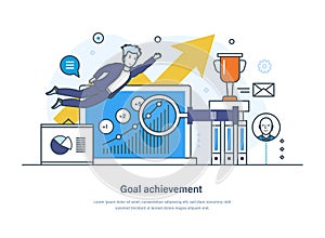 Goal achievement, development, progress and growth web banner. Businessman flying to his goal. Competitive process in business,