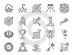 Goal and achievement icon set. Included the icons as achieve, success, target, roadmap, finish, celebrate, happy and more