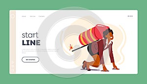 Goal Achievement Landing Page Template. Happy Business Woman Ready for Career Boost with Petard on Back with Burn Fuse.