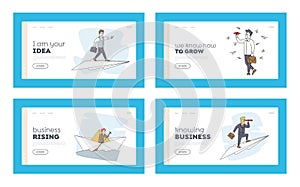 Goal Achievement and Leadership Landing Page Template Set. Business Characters Sail Paper Boat, Flying on Airplane