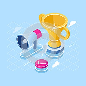 Goal achievement and motivation isometric icon, loudspeaker and golden cup, win and success concept, award flat vector