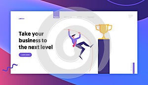 Goal Achievement Website Landing Page. Businessman Pole Vaulting Over Challenge Trying to Reach Golden Trophy Goblet