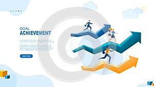 Goal achievment page concept. Businessmans runs forward on an arrows. Motivation. Way up. Career planning.