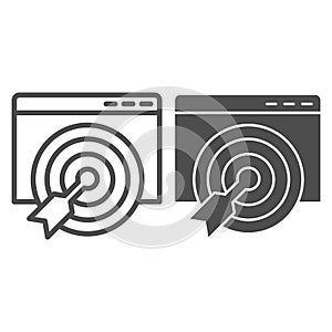 Goal browser line and solid icon. Target web page with focus and darts. Internet technology vector design concept