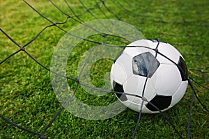 Goal concept as a soccer ball enters the gate and hits the net. Football championship background, spring outdoors tournaments.