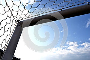 Goal Corner. Soccer or Football goal corner with net sky blue