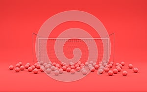 A Goal frame and bunch of football balls after multiple shots in single color monochrome red scene, single color, 3d rendering