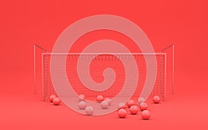 A Goal frame and bunch of football balls after multiple shots in single color monochrome red scene, single color, 3d rendering