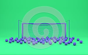 A Goal frame and bunch of violet football balls after multiple shots in green room, two colors, 3d rendering