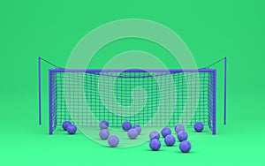 A Goal frame and bunch of violet football balls after multiple shots in green room, two colors, 3d rendering