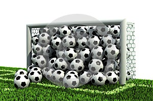 Goal full of balls on the football field
