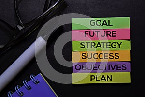 Goal, Future, Strategy, Success, Objectives, Plan text on sticky notes isolated on Black desk. Mechanism Strategy Concept