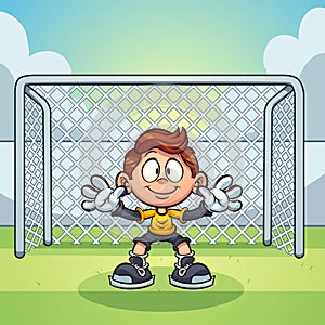 Goal keeper kid with soccer goal  background