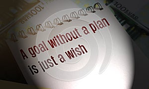 A goal without a plan is just a wish words on copybooks page laying on 100 Euros bills. Personal goal setting business