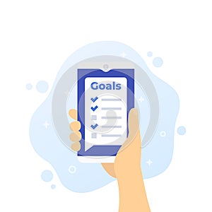 Goal setting app in smartphone, phone in hand
