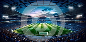 goal soccer arena stadium light green world football sport game. Generative AI.