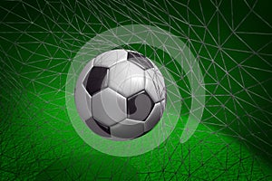 Goal. Soccer ball in goal net with green field background