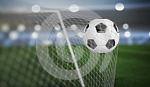 Goal - soccer or football ball in the net. 3D rendered illustration.