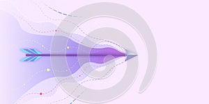 Goal target concept with purple shades flying arrow leaving a trail of lines on abstract background.